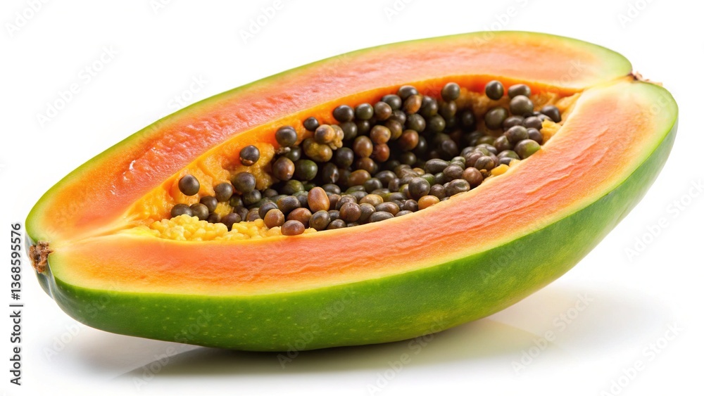 A ripe papaya cut in half showing its vibrant orange flesh and numerous dark seeds against a white background