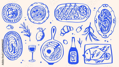 Whimsical Hand Drawn Foods Doodle Mediterranean Matisse Italian Food and Drink, Pasta, Summer Tropical and Sea Food Line Drawing Isolated Vector