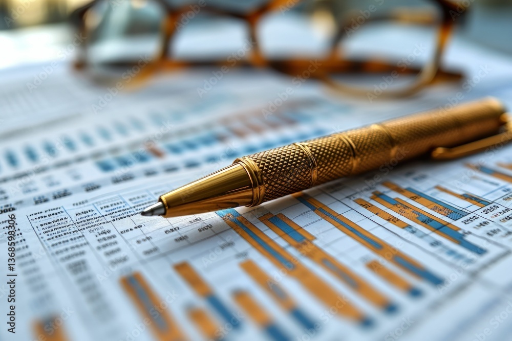 Fototapeta premium Gold pen rests on detailed financial charts