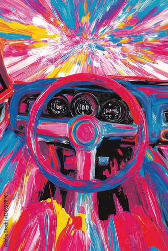 Psychedelic car interior, vibrant colors, speed, motion blur