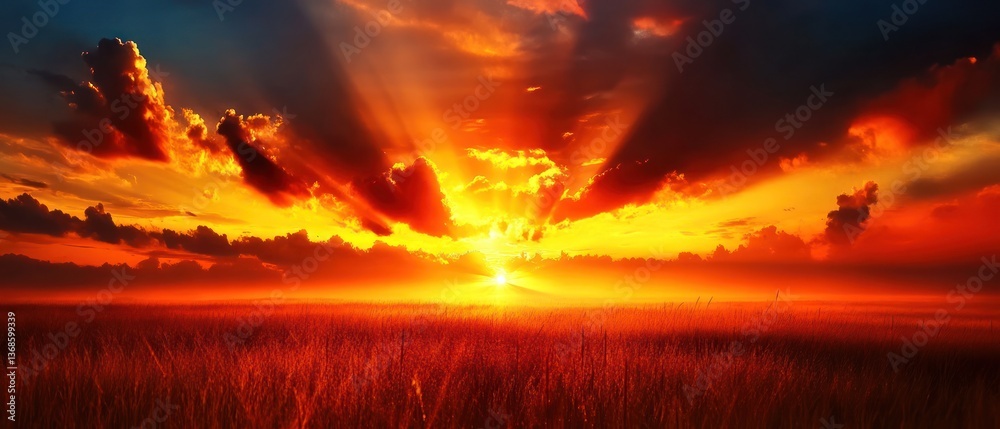 Fototapeta premium Fiery sunset over a field of tall grass. Radiant rays illuminate the sky