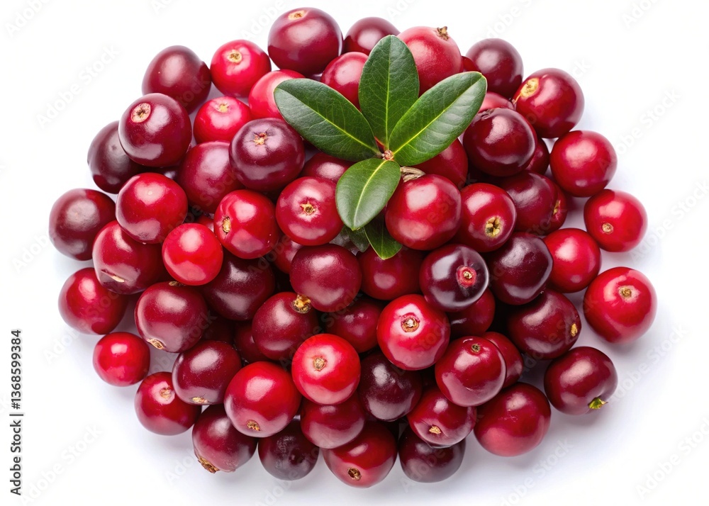 A Pile of Fresh Red Cranberries with Green Leaves on White Background Many Juicy Berries Healthy Food A Pile of Fresh Red Cranberries with Green Leaves on White Background Many Juicy Berries Healthy Food