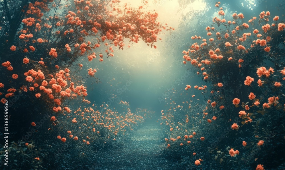 Fototapeta premium Enchanting rose path, misty forest, dreamy ambiance