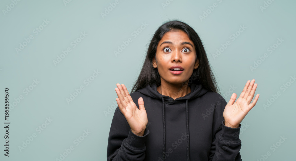 Surprised young adult asian female with long hair and open hands against green background Surprised young adult asian female with long hair and open hands against green background
