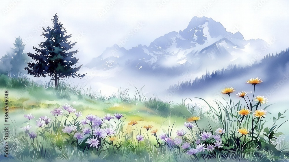 Obraz premium Serene Mountain Meadow Landscape Painting Wildflowers Blooming in Misty Alpine Setting