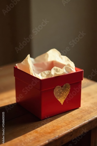A red gift box adorned with a golden heart, filled with tissue paper, sits on a rustic wooden surface bathed in sunlight.