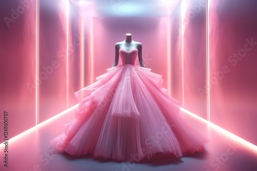 Exquisite chiffon wedding gown showcased in an exhibition hall.