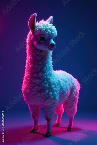 A fluffy white llama figurine stands under vibrant pink and blue light, showcasing its soft texture and adorable features.