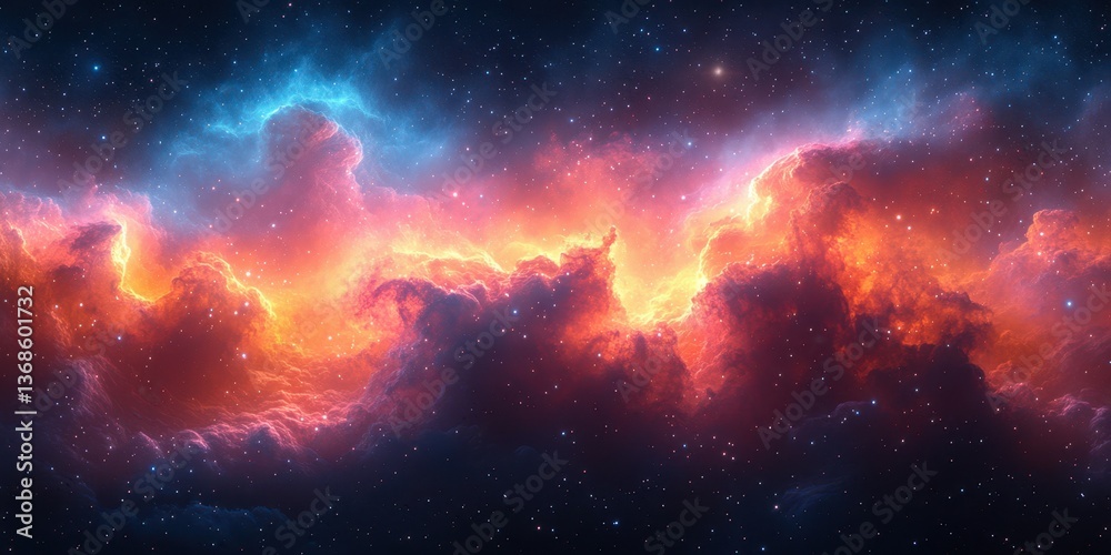 Fototapeta premium Vibrant cosmic clouds illuminated by starlight in a deep space landscape during an expansive celestial event