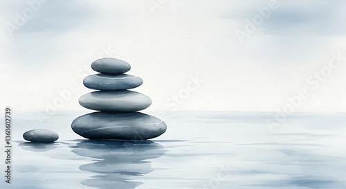 Zen Stack of Smooth Stones Over a Calm Water Reflection. Watercolor painting background.