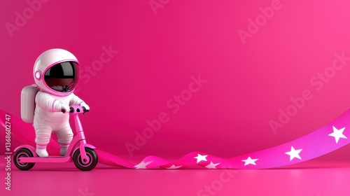 A playful astronaut on a pink scooter creating a fun and vibrant atmosphere.