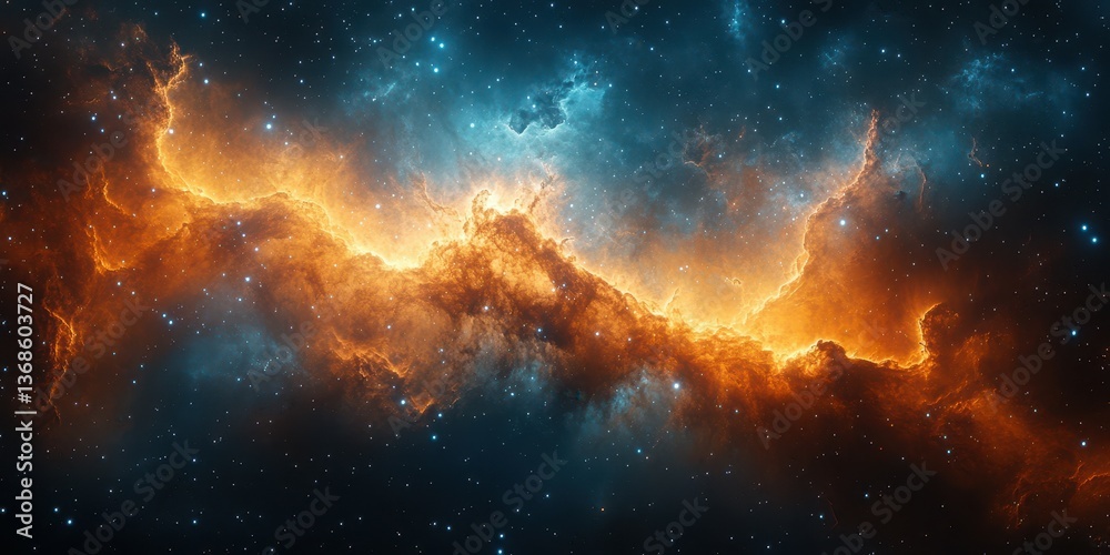 Fototapeta premium Bright cosmic nebula glowing with orange and blue hues in deep space during the celestial event