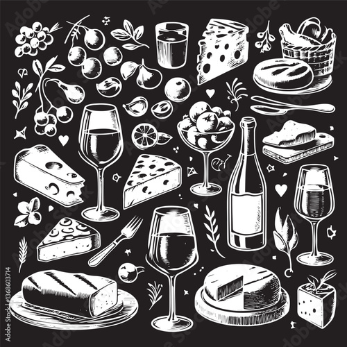 chalk food vector illustrations. wedding dinner icons, wine or champagne glass, cheese, and charcuterie drawings for wedding invitations, cafe menus, and parties.
