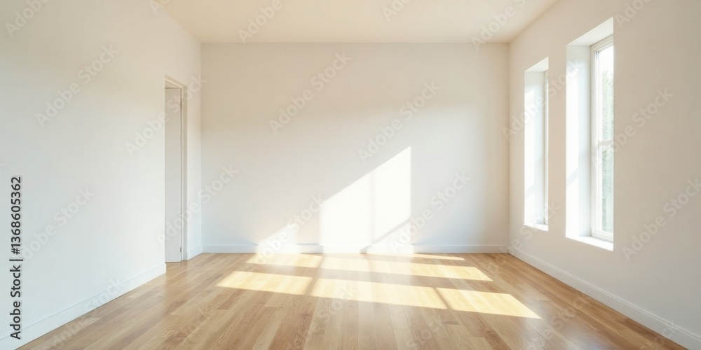 Sunlight streams through windows illuminating a minimalist empty room with hardwood floors and a closed door Sunlight streams through windows illuminating a minimalist empty room with hardwood floors and a closed door
