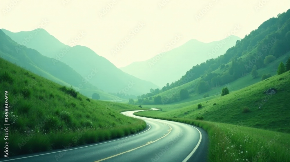 Naklejka premium Serene Winding Road Through Lush Verdant Hills and Rolling Meadows Under a Soft Sky