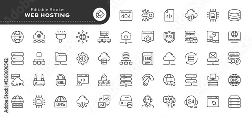 Web hosting line icon set. Webspace, data, server, domain, cloud, traffic, website and more. Outline vector icon in linear style. Pictogram collection	