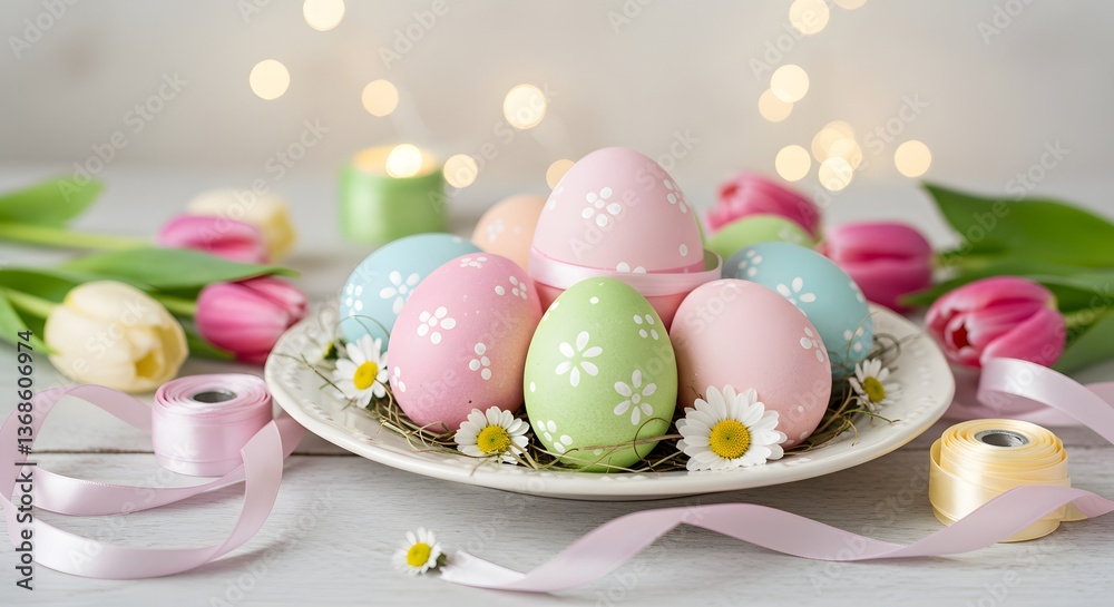 Fototapeta premium Easter Eggs Decorated with Flowers and Ribbons on Plate with Tulips