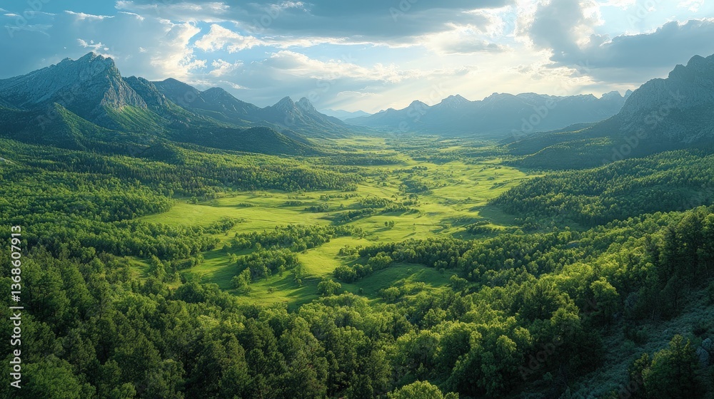 Fototapeta premium Serene mountain valley lush green meadows