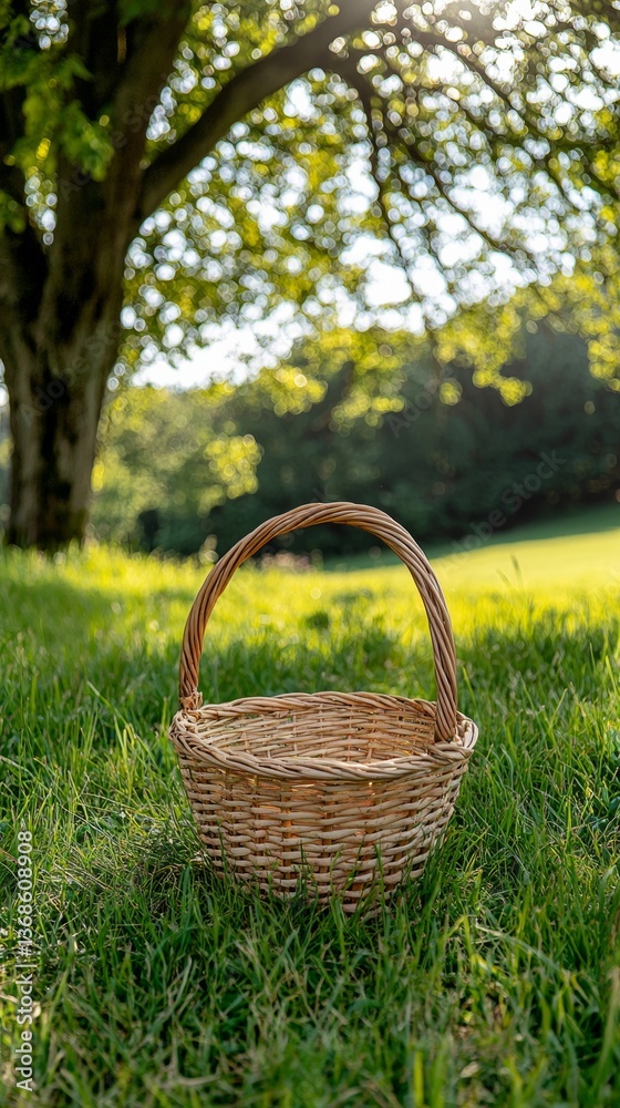 Wicker Basket in Grassy Meadow on Sunny Day for Nature Theme Images Wicker Basket in Grassy Meadow on Sunny Day for Nature Theme Images