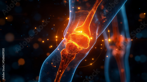 Innovative depiction of a human knee joint highlighting the intricate details of its structural components and motion dynamics in a futuristic setting