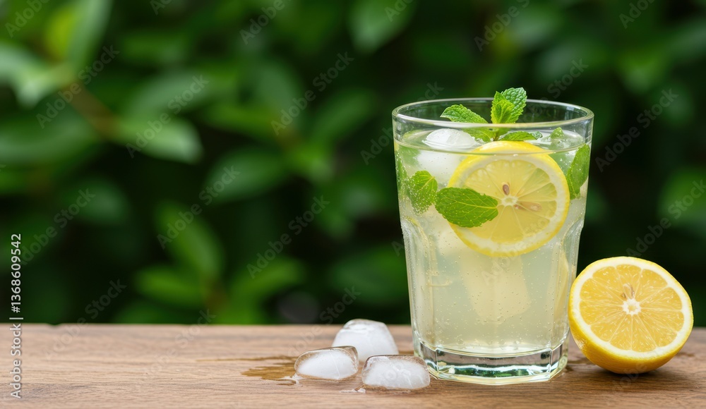 Refreshing lemonade with mint and ice served outdoors garnished with lemon slices. Ideal for summer gatherings. Refreshing lemonade with mint and ice served outdoors garnished with lemon slices. Ideal for summer gatherings.