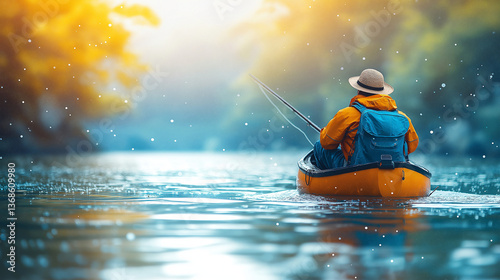 Serenity unfolds as a lone angler casts a line on a tranquil river at dawn, surrounded by vibrant autumn foliage and softly falling snowflakes