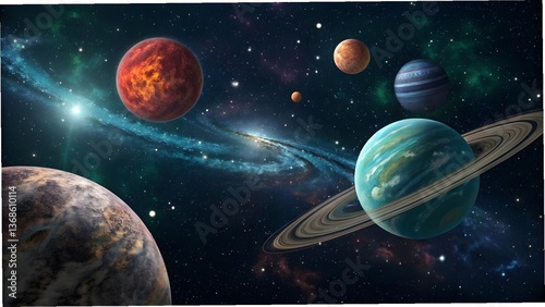 A mesmerizing cosmic ballet of planets swirling in a vibrant nebula, showcasing a stunning teal ringed planet and fiery red giant against a backdrop of twinkling stars.