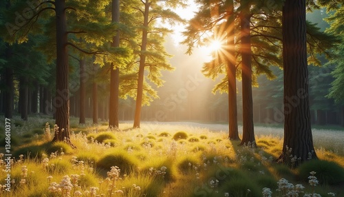 Majestic morning sunlight filters through tall trees in a serene forest landscape with vibrant greenery