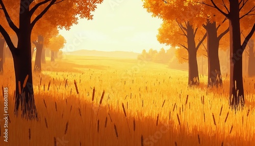 Golden autumn landscape with tall grass and vibrant trees in soft sunlight during late afternoon