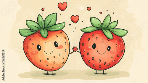 Enjoying a sweet moment together, two animated strawberries express love and friendship amid a whimsical background of hearts floating in the air