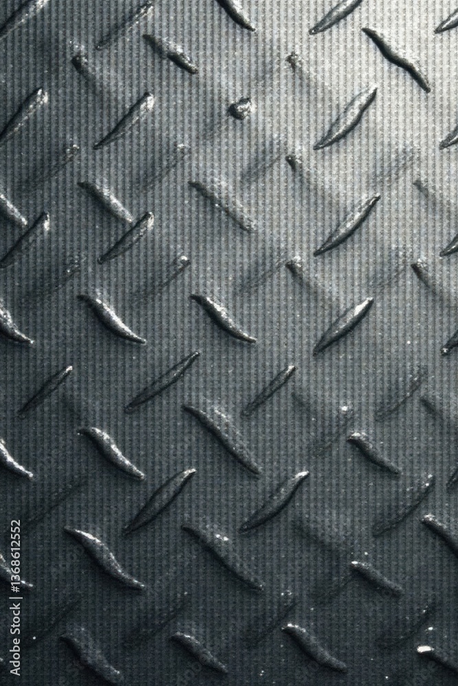 Fototapeta premium Close-up view of a dark gray metallic surface with a textured diamond plate pattern, showing subtle light reflections and a slightly rough surface texture.