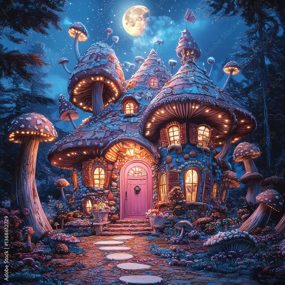 Fototapeta premium Whimsical Fantasy House Surrounded by Mushrooms Under a Night Sky