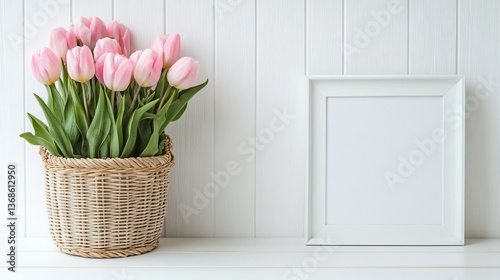Pink Tulips in Basket, White Frame, Mockup, Spring Decor, Interior