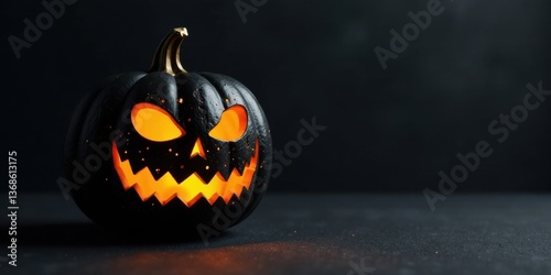 Glowing Jack-o'-lantern with menacing grin, ominous autumnal decoration, dark background, spooky Halloween symbol