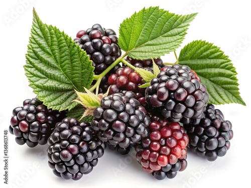 A cluster of ripe blackberries with lush green leaves