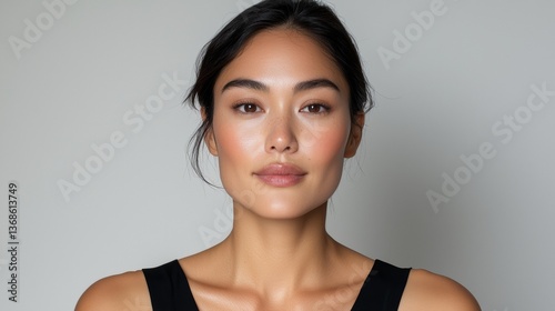 Radiant Portrait of Beautiful Asian Woman with Natural Makeup and Clear Skin