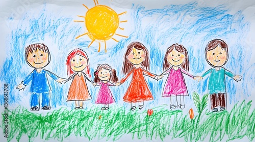 Child's drawing of a happy family in a meadow