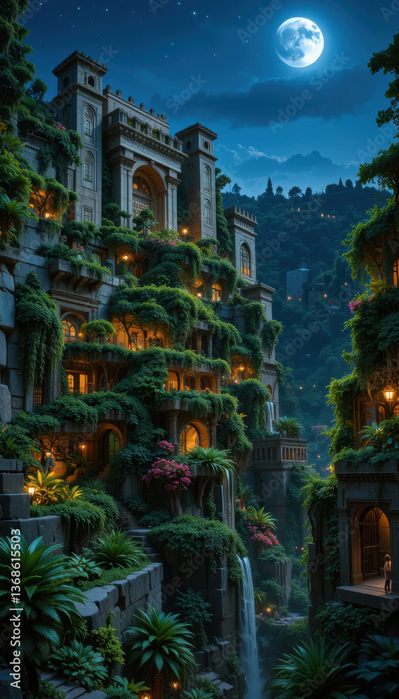 Hanging Gardens of Babylon at Night, Moonlit Ancient Landmark Hanging Gardens of Babylon at Night, Moonlit Ancient Landmark