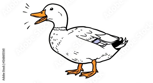 Cartoon duck quacking joyfully against a white background  