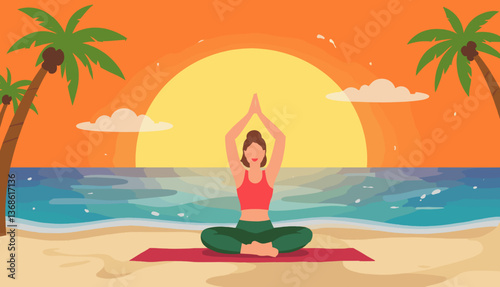 Woman practicing yoga at sunset on a beach vacation  