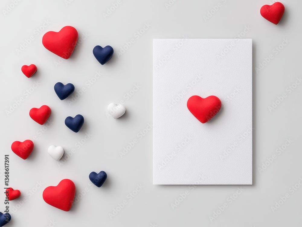 Colorful hearts scattered around a blank card, expressing love and affection.