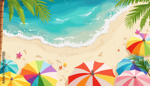 Beach vacation colorful umbrellas on sandy shore with ocean  