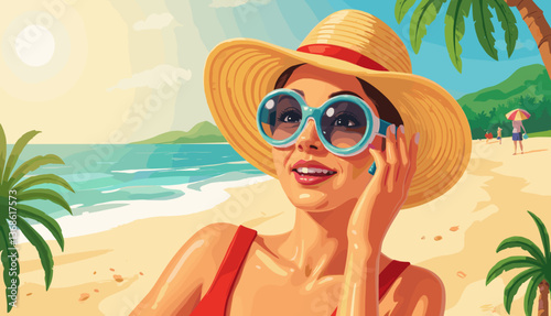 Woman enjoying a beach vacation, smiling against a tropical backdrop  