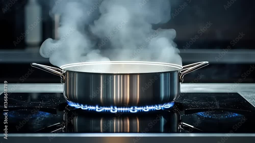 Stainless steel pot on stove releasing steam while cooking in a modern kitchen environment Stainless steel pot on stove releasing steam while cooking in a modern kitchen environment