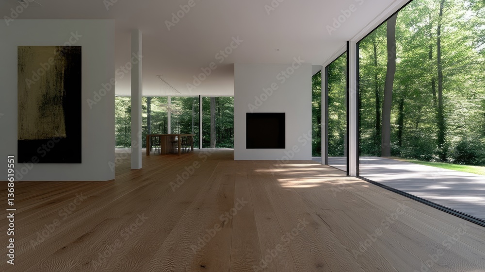 Fototapeta premium Modern minimalist home interior with large windows showcasing a forest view. Open concept, natural light, and hardwood floors