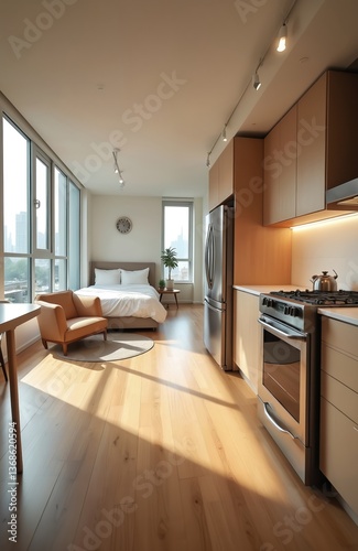 Modern studio apartment stylish design. Hardwood floors, stainless steel appliances create contemporary living space. Kitchen, bedroom area merge seamlessly with natural light, city view. Real