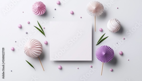 Stylish flat lay with empty card and decorative items in pastel colors.