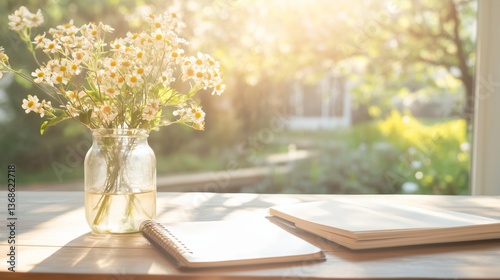 Fototapeta Naklejka Na Ścianę i Meble -  Fresh flowers in a jar beside a notebook and open books on a sunlit table in a serene garden setting