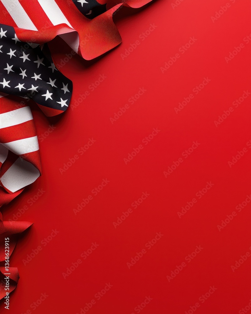 Vibrant red background with patriotic ribbons featuring the American flag.
