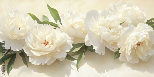 Fototapeta Naklejka Na Ścianę i Meble -  Close-up of creamy white peonies with green leaves, arranged horizontally.  Soft, painterly style evokes elegance and serenity, ideal for feminine designs or wedding themes. Free space for text.